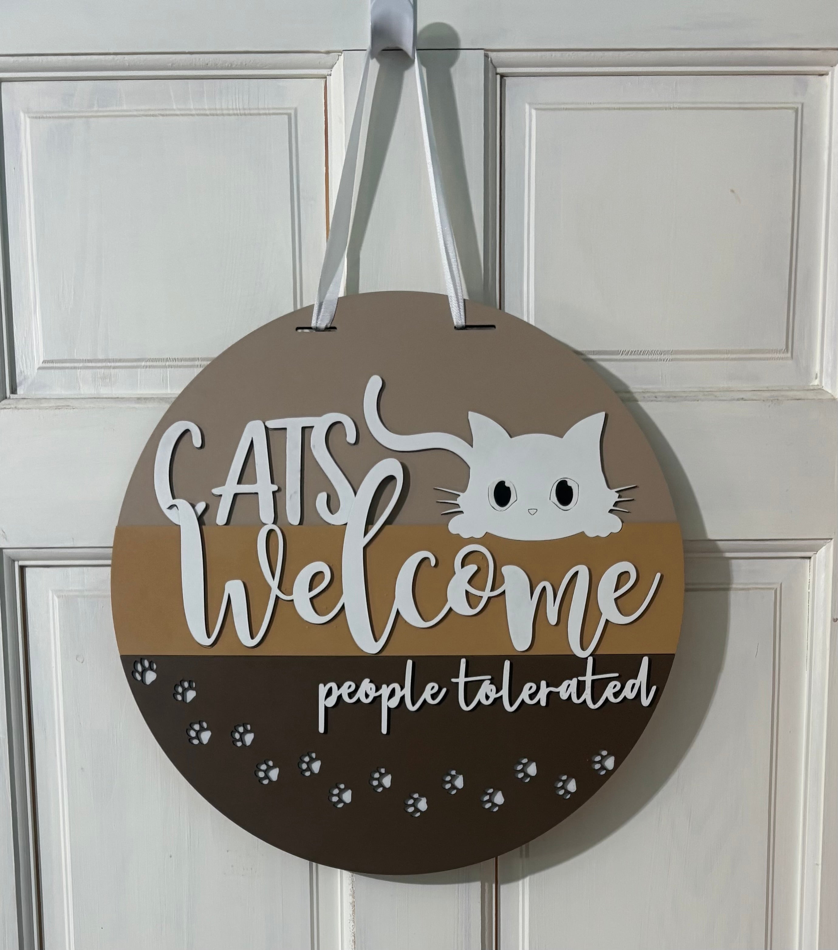 Door Hanger Cats Welcome People Tolerated with White Cat 16 inch