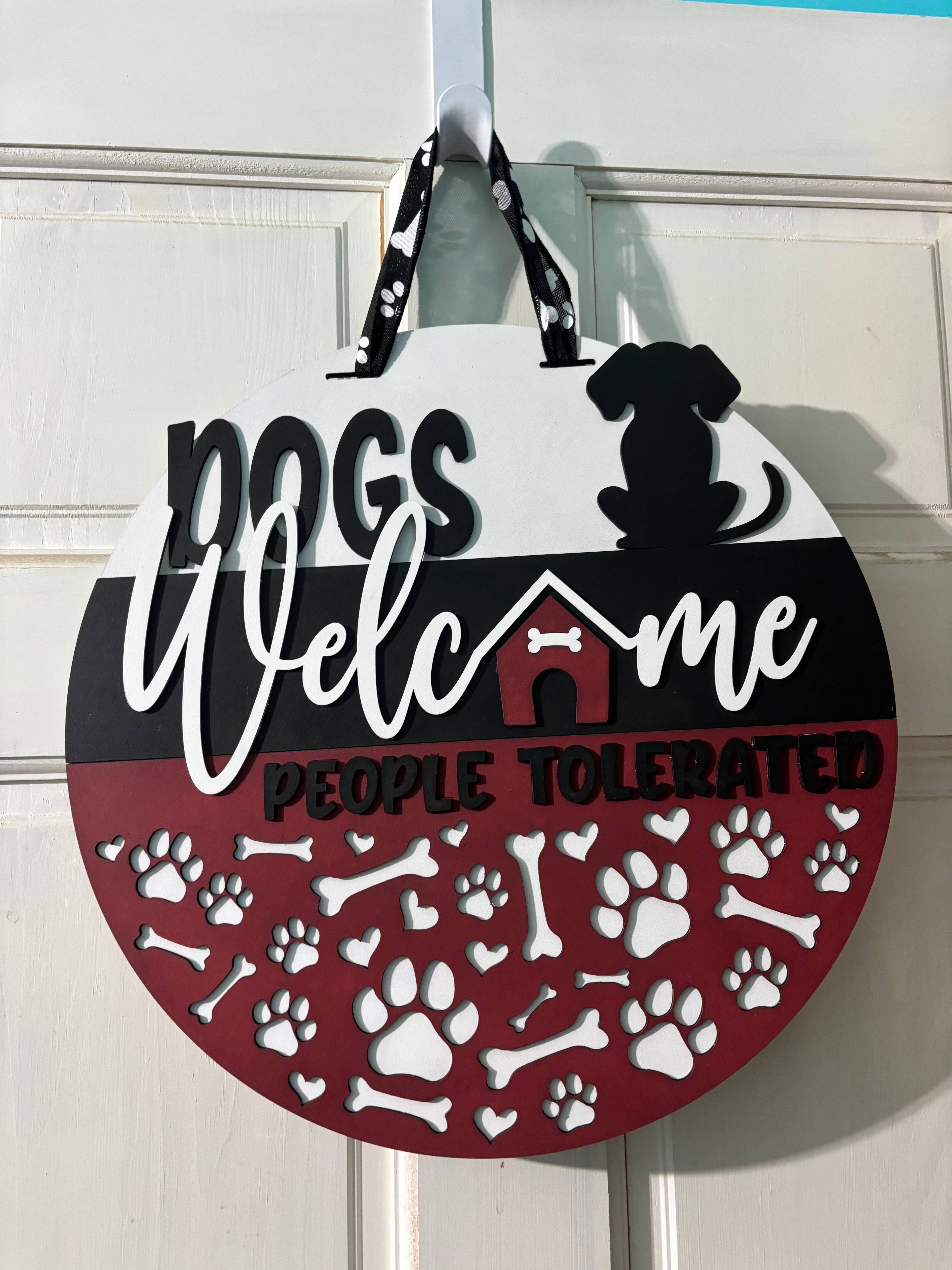 Door Hanger Dogs Welcome People Tolerated in Black and Red 16 inch