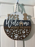 Door Hanger Dogs Welcome People Tolerated in light and dark browns 16 inch