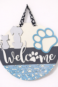 Door Hanger Welcome sign with dog and cat and a paw in light and dark  blues 16 inch