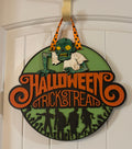 Door Hanger Halloween Trick or Treat in green and orange 10 inch