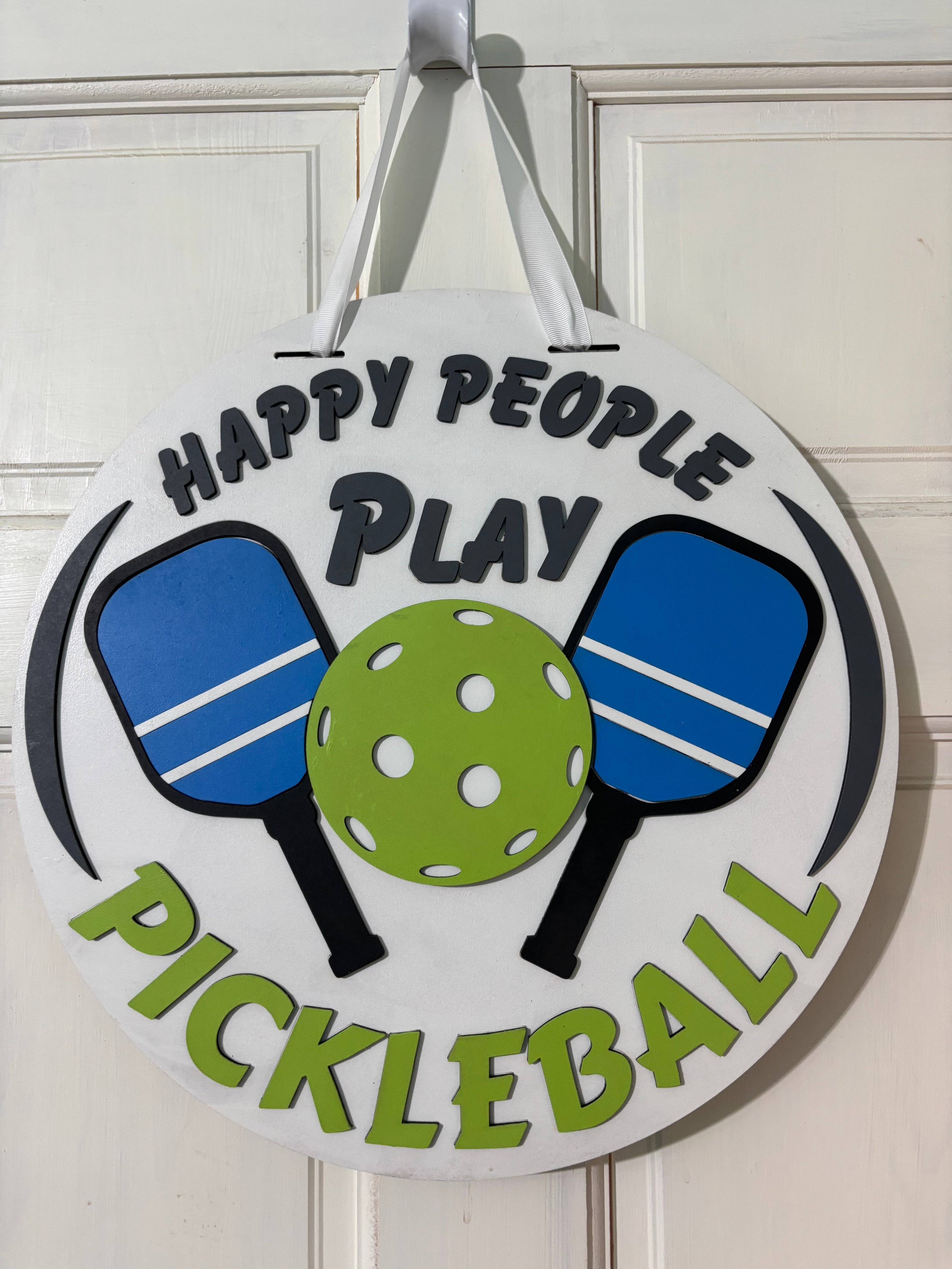 Door Hanger Happy People Play Pickleball in green and blue 16 inch