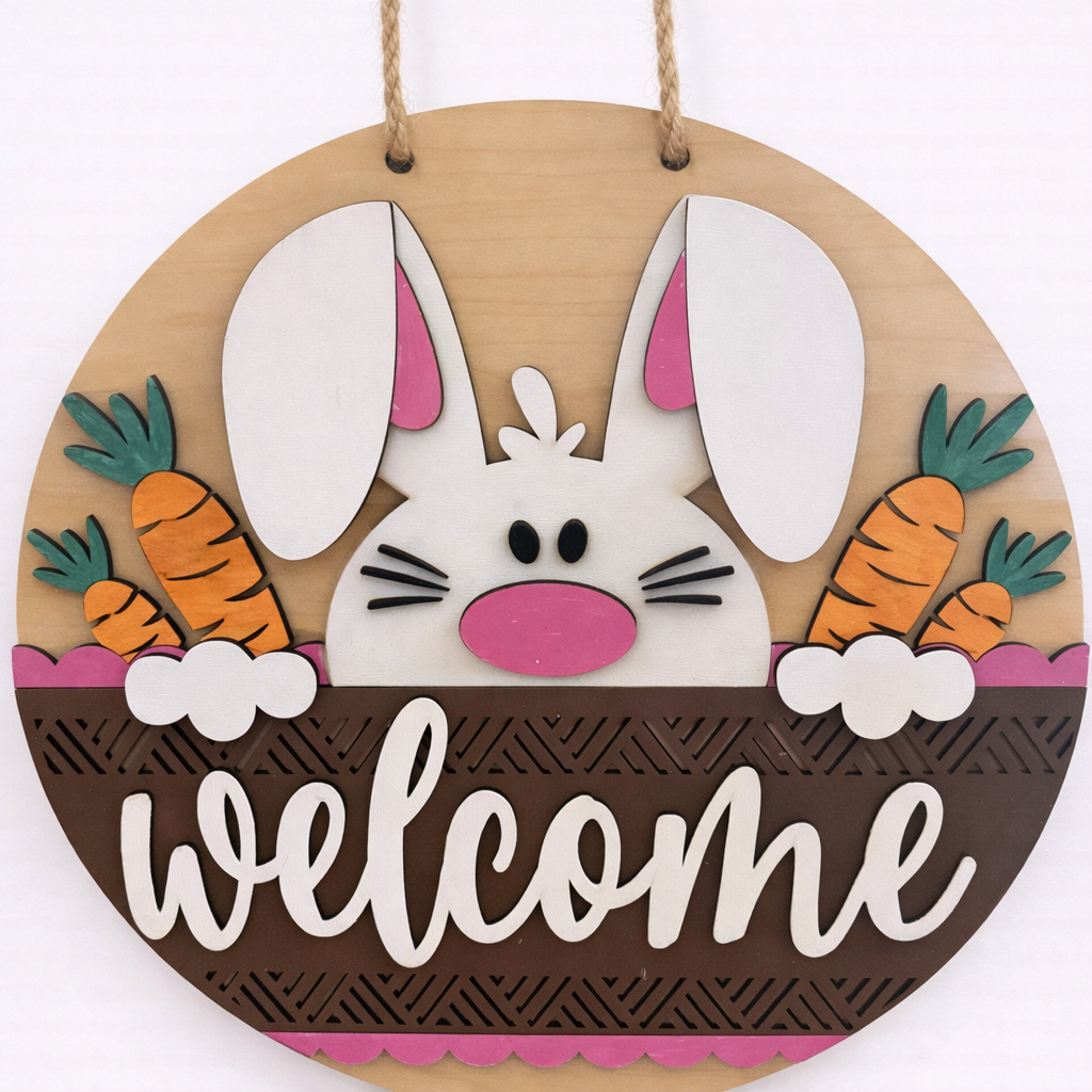 Door Hanger Easter Welcome with bunny in dark pink 10 inch