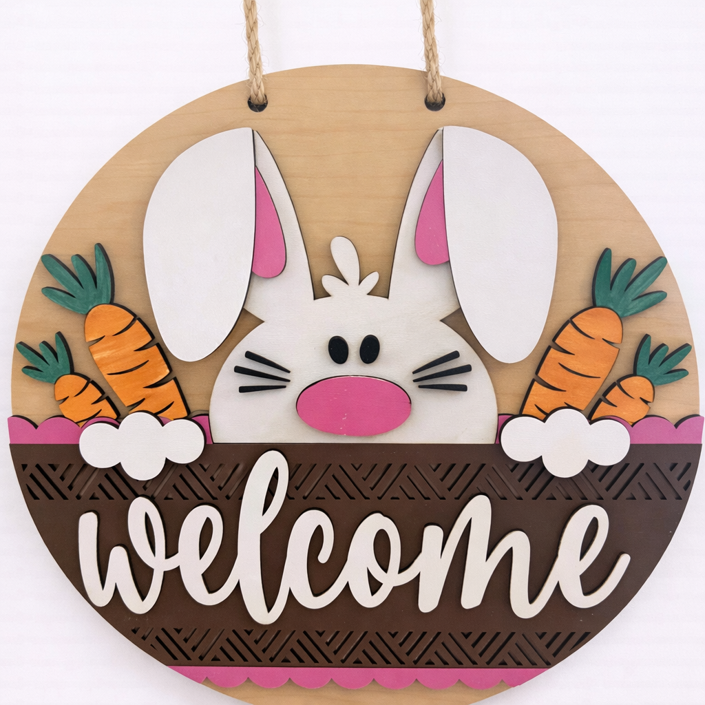 Door Hanger Easter Welcome with bunny in light pink 10 inch