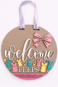 Door Hanger Easter Welcome Peeps with bunnies 10 inch