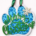 Door Hanger Paw in Blue with with Merry Christmas in Green and A White Snow Flake