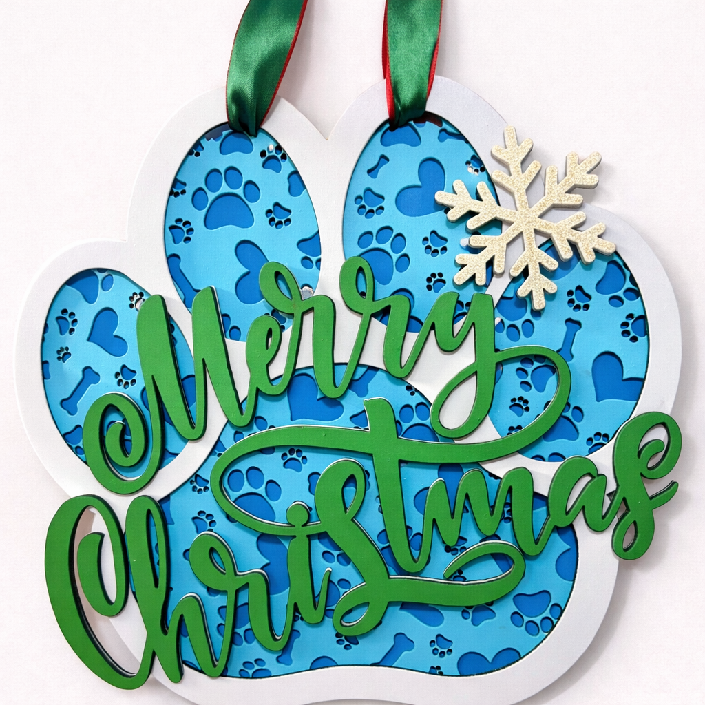 Door Hanger Paw in Blue with with Merry Christmas in Green and A White Snow Flake