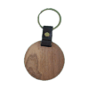 A wooden key chain with a leather strap.