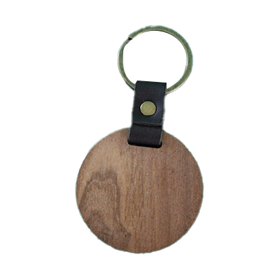 A wooden key chain with a leather strap.