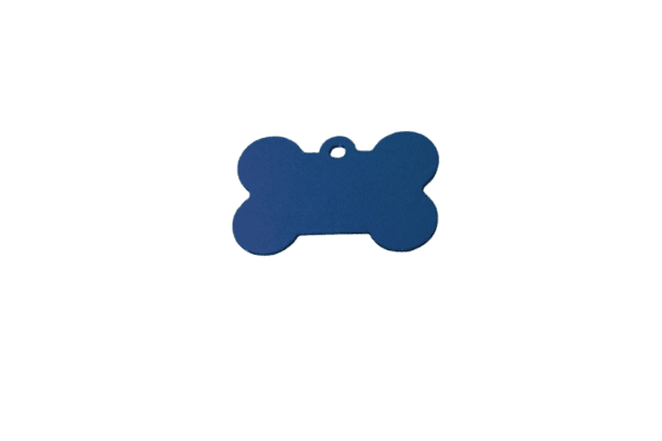 A blue bone shaped tag is hanging on a green background.