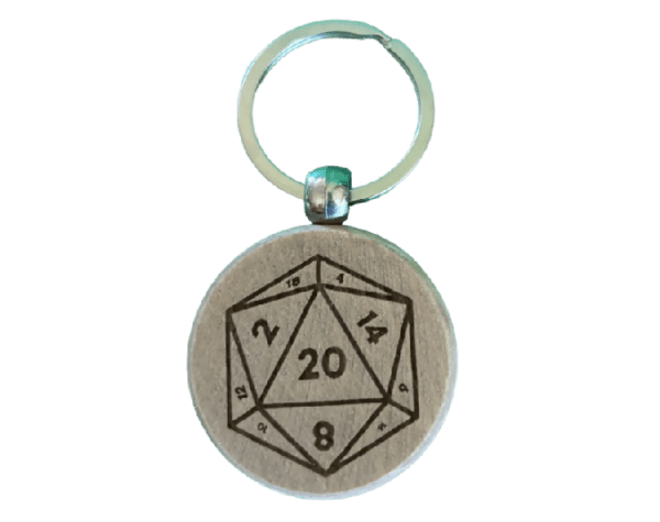 A wooden keychain with an engraved d 2 0.