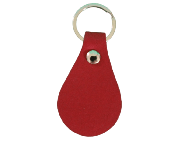 A red leather key chain with a silver ring.