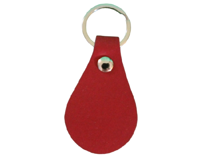 A red leather key chain with a silver ring.