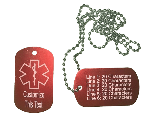 A red medical alert tag with a chain attached to it.