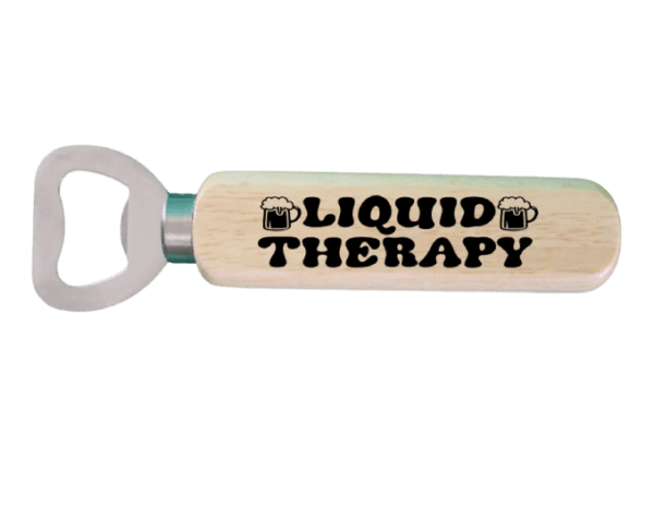 A bottle opener with liquid therapy written on it.