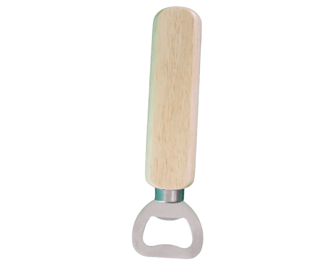 A bottle opener with a wooden handle.