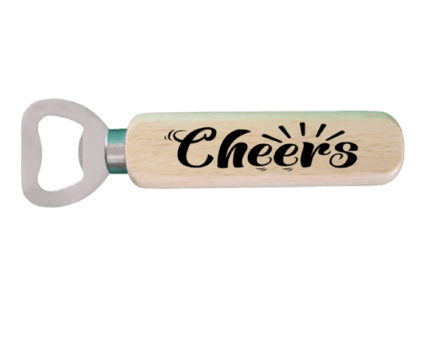 A wooden bottle opener with the word cheers on it.