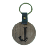 A wooden key chain with the letter j on it.