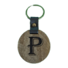 A wooden key chain with the letter p on it.