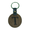 A wooden key chain with the letter t on it.